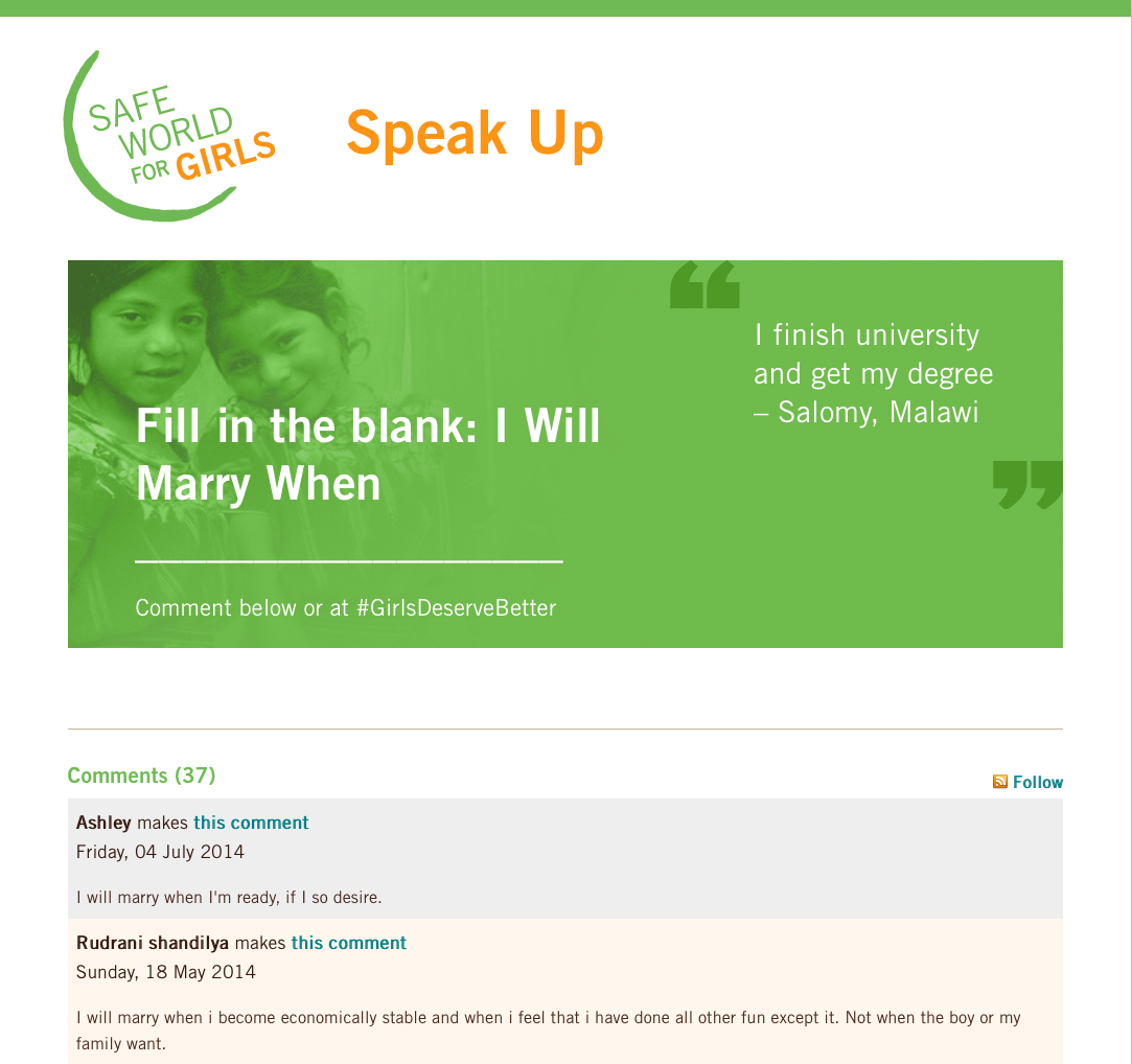 Engagement page featuring large graphic encouraging users to fill in the blank: I WILL MARRY WHEN__. The page includes several comments in response