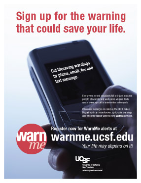 flyer with similar design to the cell phone poster above, but additional language instructing readers how to set up their WarnMe account